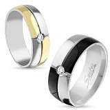 Inel din oțel &icirc;n culori argintii și negre, zirconiu &icirc;n mijloc, 8 mm - Marime inel: 67