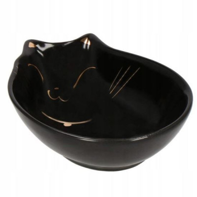 Castron, bol, pentru caine, pisica, ceramica, negru, model pisica, 15x11x5 cm foto