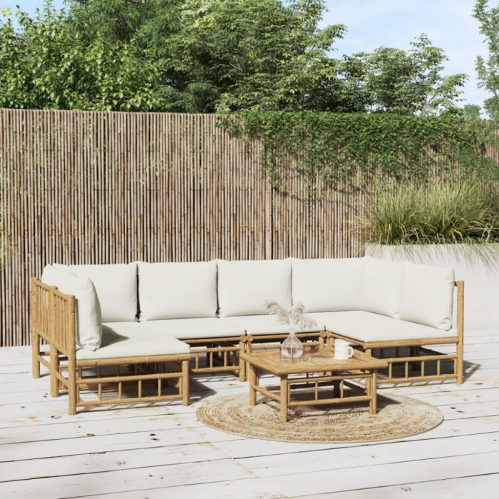 vidaXL Set mobilier de grădină cu perne alb crem, 7 piese, bambus 3155198