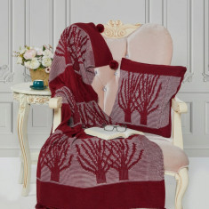 Set patura si perna Single Tricot 130x170 cm, 45x45 cm, Ponpon - Claret Red, Evlen Home - Bedroom, Acril