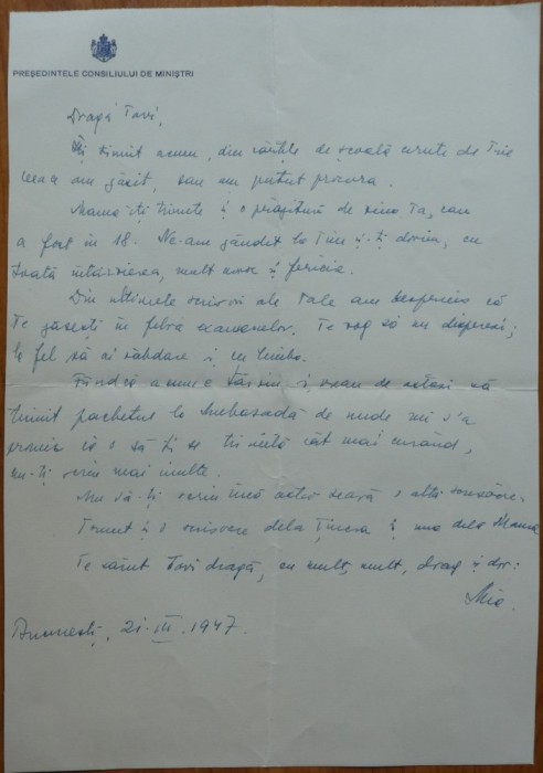 Scrisoare Mia Groza catre fratele ei Octavian Groza, student la Moscova