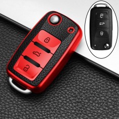 Husa Cheie Briceag Compatibila cu Golf MK6, 3 Butoane, Tpu, Aspect Piele, Rosie