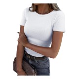 Tricou pentru femei, cu nervuri, croi slim, tricou de bază, guler rotund, m&acirc;neci scurte, tricou de vară, bluze elastice, casual, tricou casual, culoar