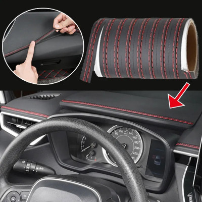 Banda decorativa pentru interiorul vehiculului, lungime 2m, din piele ecologica, culoare Neagra + cusatura Rosie AVX-DA105 foto