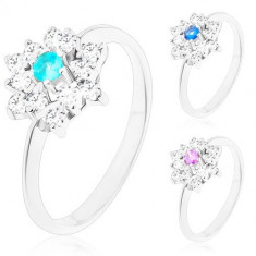 Inel de culoare argintie, floare cu zirconii, centru zircon colorat - Marime inel: 54, Culoare: Albastru Închis
