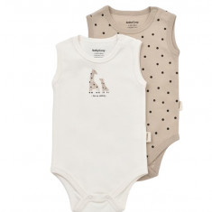 Set 2 body-uri fara maneci bebe unisex Girafa, BabyCosy, 100% bumbac organic (Marime: 12-18 Luni)