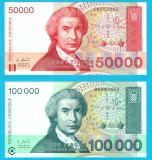 Croatia SET 2x (p#26+27) 50.000+100.000 Dinara 1993 UNC 'Glagolica'; (ROG CITITI DETALIILE!)
