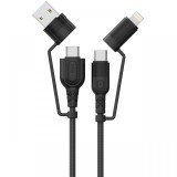 Lemontti Cablu Fisheye Series Multi-connector 4 in 1, USB-A &amp; Type-C la Type-C &amp; Lightning, PD, 60W, 1.2m, Negru