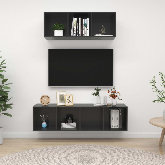 Set de dulapuri TV, 2 piese, gri extralucios, lemn prelucrat