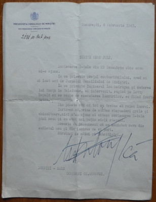Document cu antetul Presedintiei Consiliului de Ministri semnat de Prof. Mihai Antonescu, 1943 foto