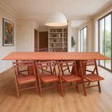 Set masa plianta 12 persoane, Pal Melaminat, insertii lemn masiv, 274x75x78 cm si 6 scaune pliante, tapiterie piele ecologica, cires