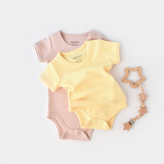 Set 2 body-uri bebe unisex -100% bumbac organic - Galben/Roz, BabyCosy (Marime: 12-18 Luni)