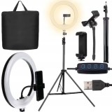 Lampa circulara LED, 30 cm diametru,trepied 160 cm,2 suporti de telefon si geanta transport