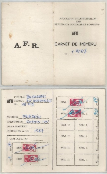 Romania, Carnet de membru A.F.R., Bucuresti, 1987