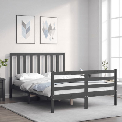 vidaXL Cadru de pat cu tăblie, gri, 140x190 cm, lemn masiv foto
