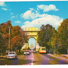 CPIB 18444 CARTE POSTALA - BUCURESTI. ARCUL DE TRIUMF, AUTOBUZ, AUTOTURISM EPOCA