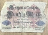BNKSTR03DE Bancnotă Veche Germania 50 Mark 1914 (Darlehnskassenschein), Primul Război Mondial, Imperiul German, Colecție Numismatică