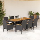 Set mobilier gradina perne 9 piese negru poliratan lemn acacia