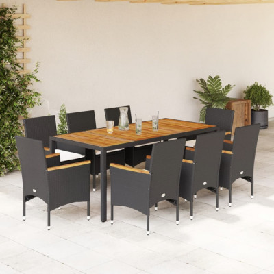 vidaXL Set mobilier grădină perne 9 piese negru poliratan/lemn acacia 3278632 foto