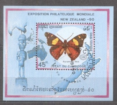 Cambodia 1990 Expo New Zeeland, Butterflies, perf. sheet, used T.360 foto