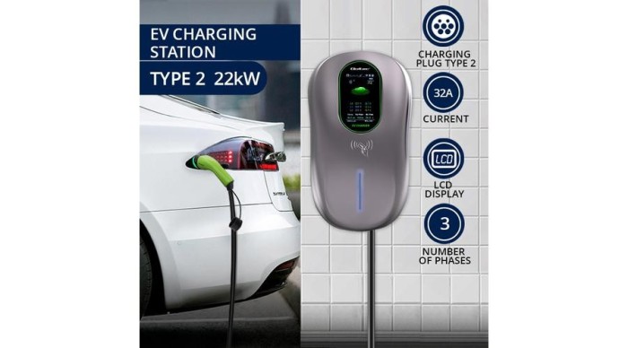 Stație de &icirc;ncărcare EV Qoltec 2-&icirc;n-1 Tip2 | 22kW | Wi-fi | LCD | RFID | 3 faze | Wallbox | 5m