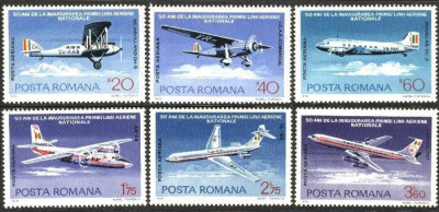 50 ani de la infiintarea liniilor aeriene romane, avioane, 1976, lista 918, MNH foto