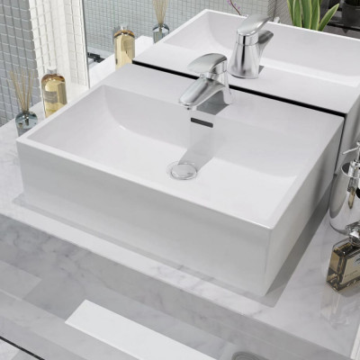 vidaXL Chiuvetă baie, orificiu robinet, alb, 51,5x38,5x15 cm, ceramică foto