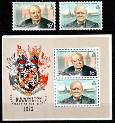 Falkland 1974, Mi #230-231 + Bl 1**, Centenar Winston Churchill, MNH! Cota 16 &amp;euro;! foto