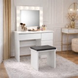 Masa de toaleta/machiaj, Irina + taburet, alb, cu oglinda si LED-uri, 94x43x141 cm