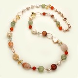 Colier Argint 925 Placat Aur Roz cu Cuart Multicolor, Perle Cultură &amp; Biwa, 75cm, Sparkle Handmade Italy