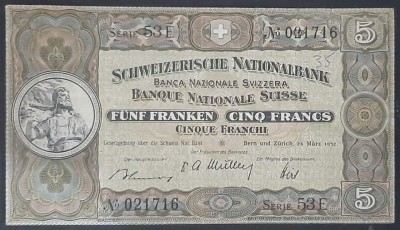 5 Franci 1952 National Bank Elvetia VF+ foto