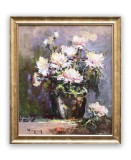 Tablou cu crizanteme pictat manual inramat, Puritate, 50x45cm ulei pe panza, rama din lemn, Geo Ungureanu