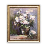 Tablou cu crizanteme pictat manual inramat, Puritate, 50x45cm ulei pe panza, rama din lemn, Geo Ungureanu