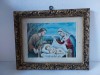 Icoana veche taraneasca, Sfanta Familie, Iosif Maria si pruncul Iisus, tablou litografie print pe hartie, in rama de lemn, decorata si aurita, 37x30cm