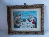 Icoana veche taraneasca, Sfanta Familie, Iosif Maria si pruncul Iisus, tablou litografie print pe hartie, in rama de lemn, decorata si aurita, 37x30cm