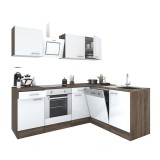 Mobilier de bucătărie de colț Yorki 220, cu corp din stejar Yorki, fațade albe cu finisaj satinat, cu element inferior pentru cuptor, fără blat de luc