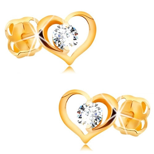 Cercei cu diamant, din aur galben de 14K - diamant transparent &icirc;n contur de inimă