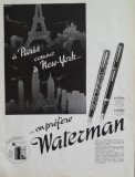 1939 Reclamă stilou WATERMAN originală, 38 x 28cm / istoria instrumente scris