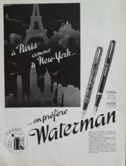 1939 Reclamă stilou WATERMAN originală, 38 x 28cm / istoria instrumente scris