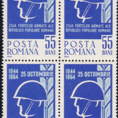 ROMANIA 1964 LP 594 ZIUA FORTELOR ARMATE ALE R.P.R. BLOC DE 4 TIMBRE MNH