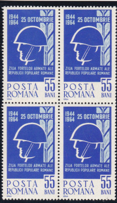 ROMANIA 1964 LP 594 ZIUA FORTELOR ARMATE ALE R.P.R. BLOC DE 4 TIMBRE MNH foto