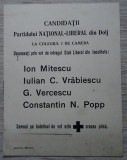 Fluturaș electoral Partidul Național Liberal din Dolj - anii 1910