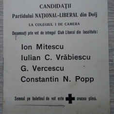 Fluturaș electoral Partidul Național Liberal din Dolj - anii 1910