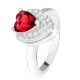 Inel cu zirconiu roşu, ştrasuri transparente, inimă dublă, argint 925 - Marime inel: 52