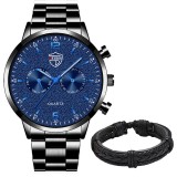 Cumpara ieftin Set Cadou Barbati Deyros: Ceas Albastru + Bratara Neagra Eleganta, Cutie Cadou - Mecanism Quartz, Curea Piele Neagra