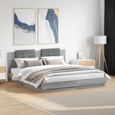 vidaXL Cadru de pat cu tăblie și lumini LED, gri sonoma, 160x200 cm 3210001 foto