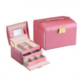 Cutie eleganta pentru bijuterii, ceasuri sau accesorii, 20 de compartimente, oglinda si inchidere cu cheie culoare roz inchis, Oem