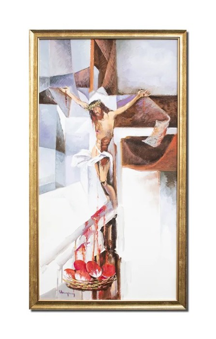 Tablou Rastignirea Domnului Iisus Hristos pictat manual inramat, 100x55cm ulei pe panza, rama din lemn, Geo Ungureanu