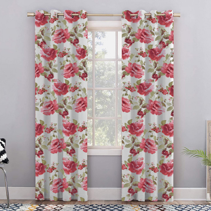 Set draperii blackout model floral cu inele negre, Madison, 250x210 cm, densitate 700 g/ml, Rosa Damascena, 2 buc