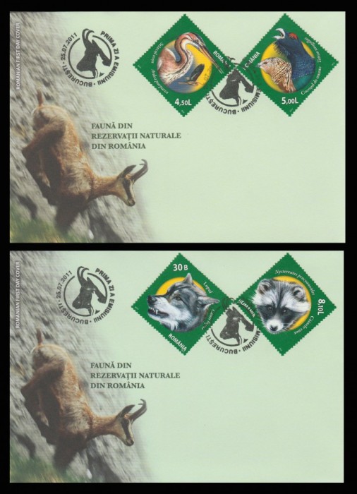 2011 Romania, 2 FDC Fauna din rezervatii naturale LP 1909, plicuri prima zi